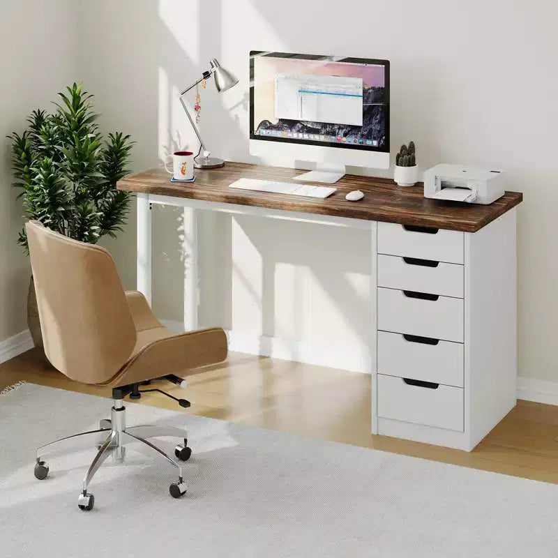 47 Inch Computer Desk with 5 Storage Drawers, Reversible Modern Rustic Study Writing Table, Home Office Workstation for Small Spaces