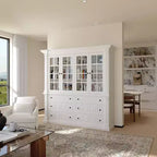Grand buffet vaisselier blanc avec portes vitrées, bahut de rangement pour cuisine, salon, étagères à livres