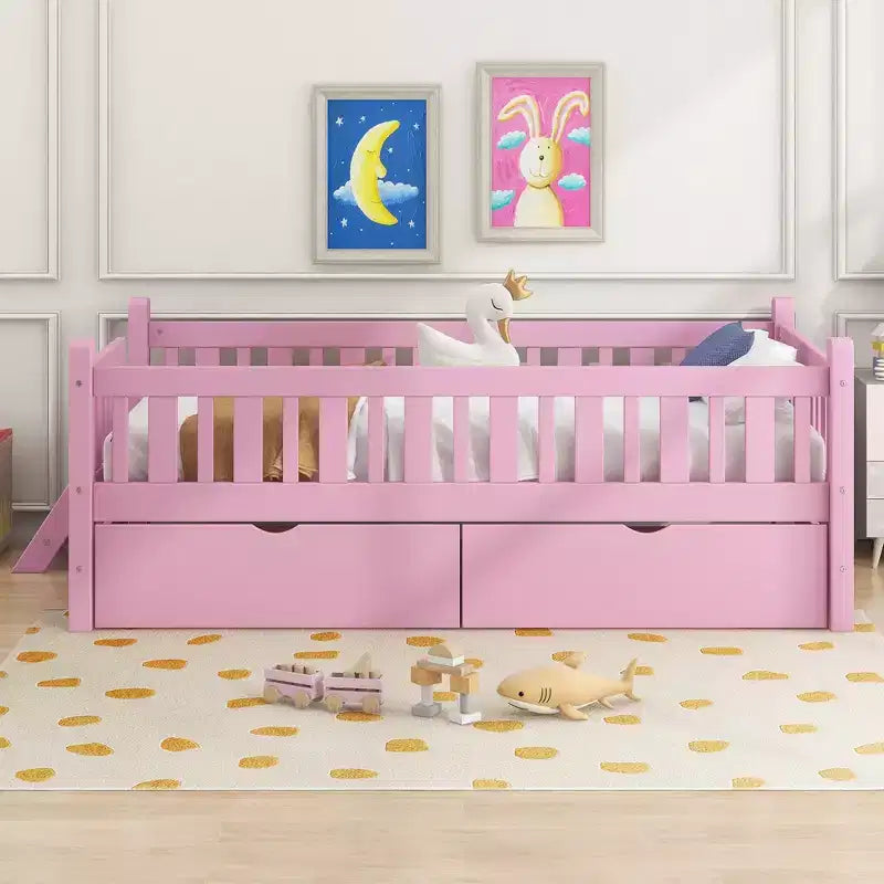 Whisen Twin Size Wood Platform Bed with Guardrail and 2 Drawers