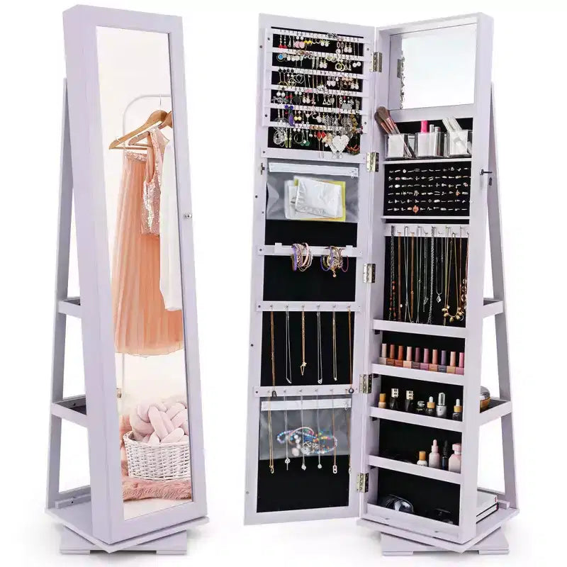 Costway 360degree Rotatable Jewelry Cabinet 2-in-1 Lockable Mirrored Organizer White/Black/Dark Brown/Gray/Blue/Pink/Purple/Dark Gray