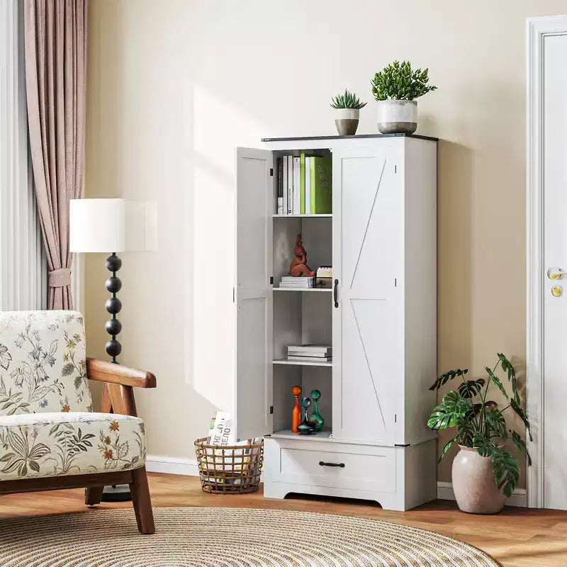HOMCOM 72 Farmhouse Pantry Cabinet with Barn Doors, Tall Kitchen Pantry Storage Cabinet with Adjustable Shelves and Drawer
