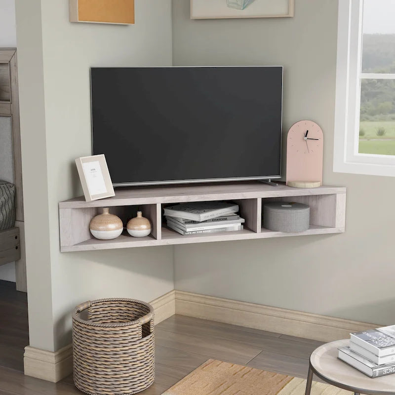 47 Corner Floating TV Stand, 3 Shelves, Transitional Style, Space-Saving Wall Mount