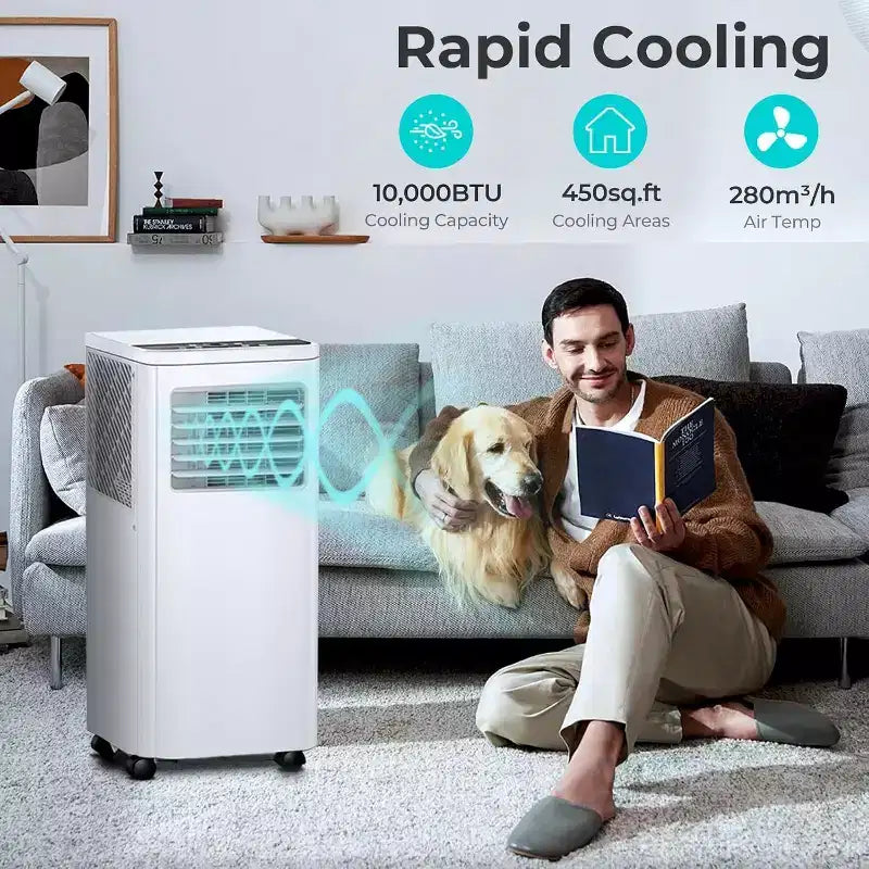 8,000 BTU Portable AC, 3-in-1 Unit with 4 Modes, Timer, LED Display, Remote & Install Kit, for Bedroom/Living Room/Office, White.