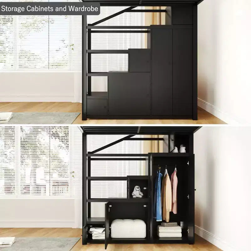 Queen Size Metal Loft Bed with Storage Shelves, Cabinets and Wardrobe
