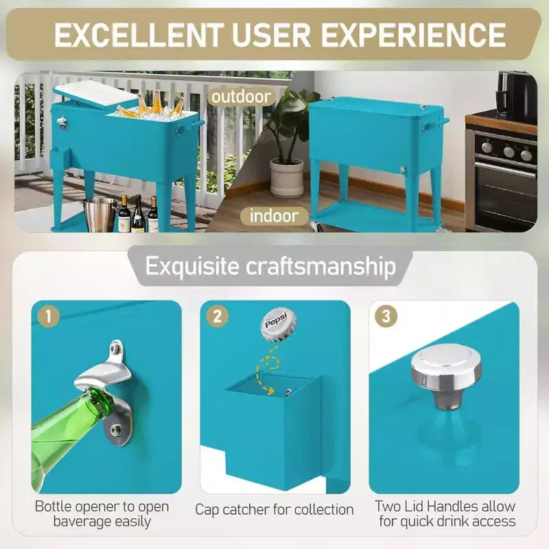 NAYSAYE Glacière à roulettes 80 Litres, Bar Portable avec Collecteur de Gouttes, Plateau de Rangement Inférieur pour Fête sur la Terrasse, Barbecue, Plage, Bleu, 34.3*15.2*35.8