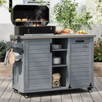 FAMYYT 78.3-Inch Outdoor Kitchen Island with Stainless Steel Countertop, Foldable BBQ Station, and Storage Cabinets, Grey Blue