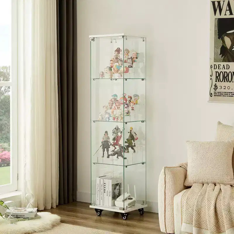 Okak Display Cabinet with Glass Door and Acrylic Shelves, Storage Cabinet with Lock and Wheels, Cabinet for Living Room, Bedroom