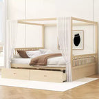 Cadre de lit à baldaquin en bois Whisen de taille Queen avec 2 tiroirs de rangement intégrés, construction robuste et durable
