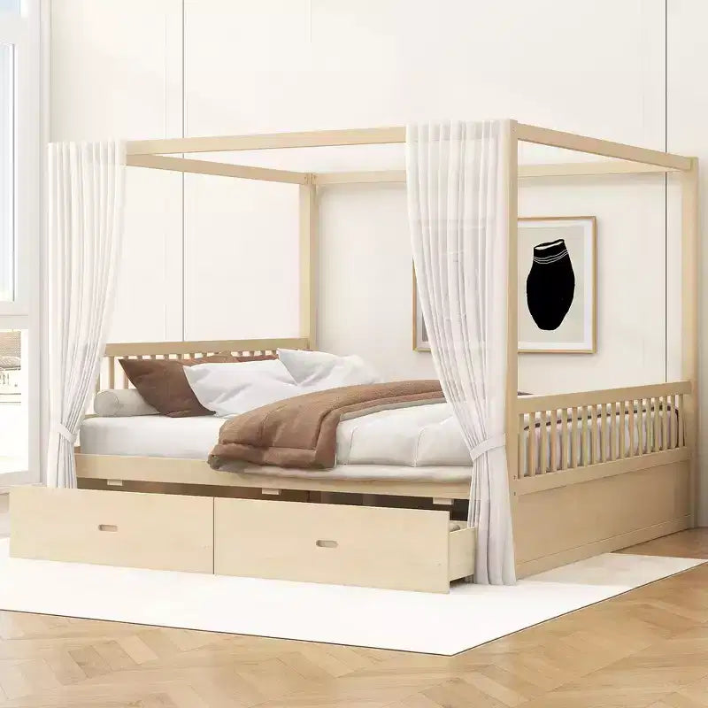 Cadre de lit à baldaquin en bois Whisen de taille Queen avec 2 tiroirs de rangement intégrés, construction robuste et durable