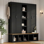 Black / White / Blue Farmhouse Hall Tree with Shoe Cabinet, Bench, Hooks and Open Shelves for 1窶・ Person