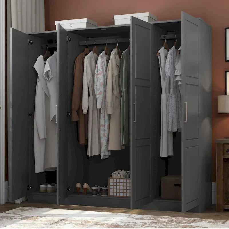 100% Solid Wood  4-Door Wardrobe with Solid Wood or Mirrored Doors