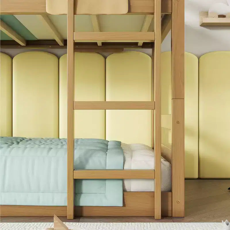 Rubberwood Detachable Triple Twin Bunk Bed with 2 Built-in Ladders and Guardrails
